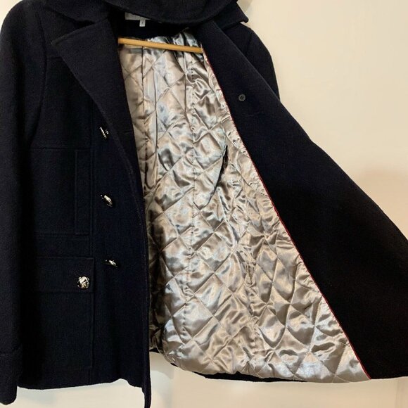 CALVIN KLEIN BLACK Wool Blend PEA COAT Hooded JACKET Quilted Lining SZ 2 - Picture 5 of 9